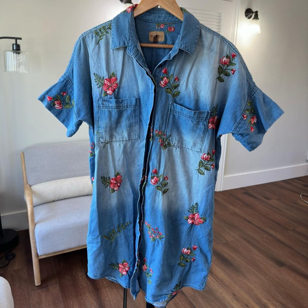Womens Driftwood Embroidered Floral Denim Button Down Mabel Dress L EUC